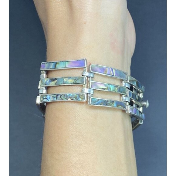 TAXCO Mexico Bracelet 925 Triple Chain Link Abalone Inlay 7.5 inches 1940s - Picture 3 of 7